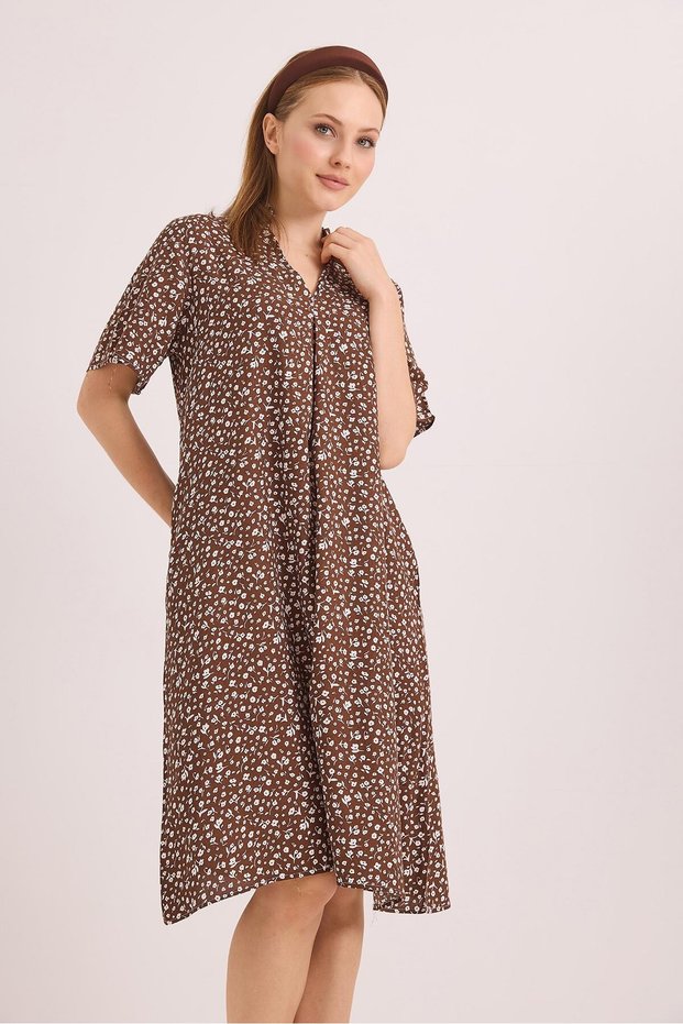 Coffee Cotton Viscose Woven V-Neck Comfortable Fit Short Sleeve Patterned Casual Dress