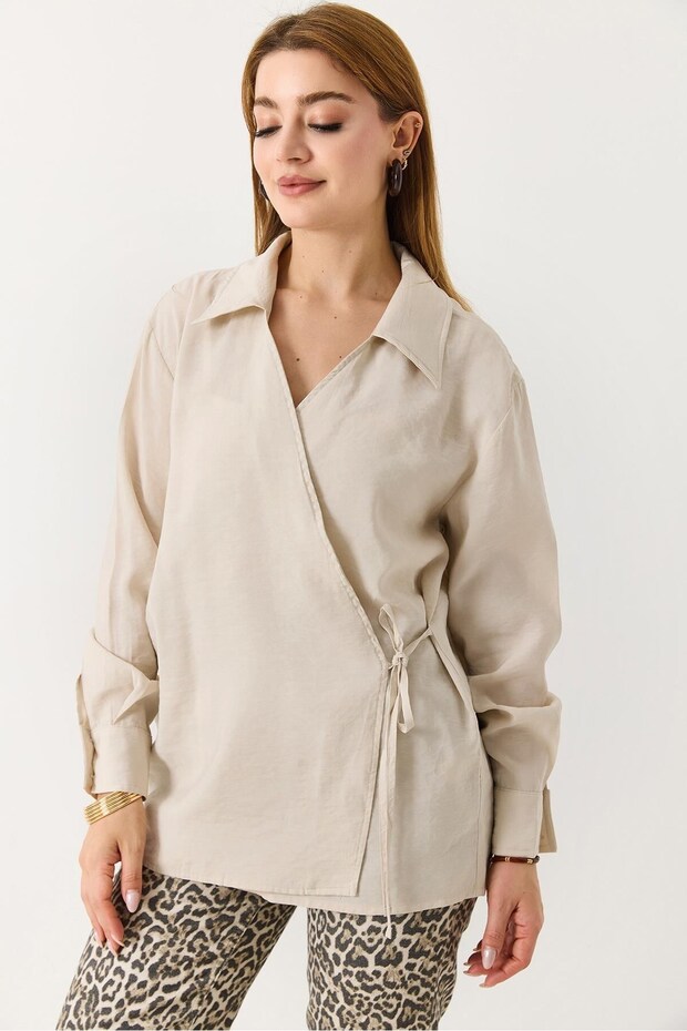 Beige Woven Fabric Shirt Collar Long Sleeve Casual Fit Side Tie Detailed Tunic