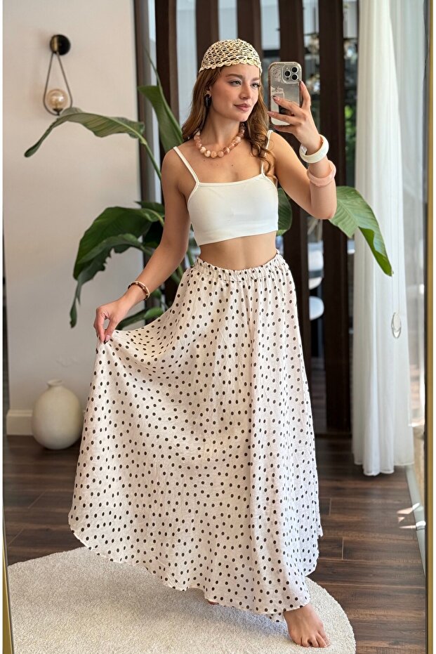 Cream Woven Fabric Skirt with Elastic Waist, Lined Inside, Loose Cut, Long Polka Dot Patterned Skirt