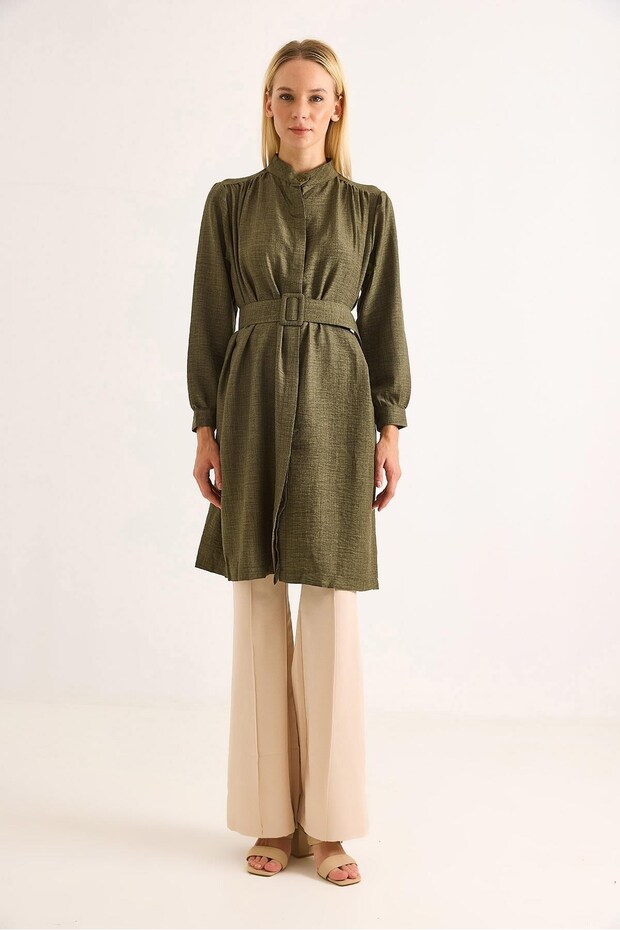 Green Aerobin Fabric High Collar Long Sleeve Straight Cut Belted Textured Casual Tunic