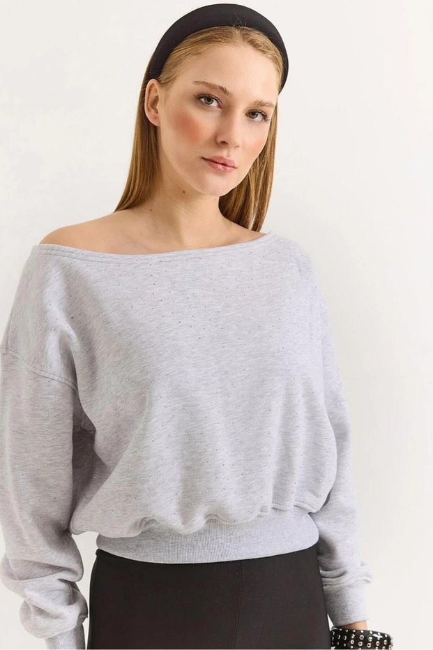 Gray Three-Thread Ribbed Boat Neck White Spotted Stone Low-Shoulder Sweatshirt