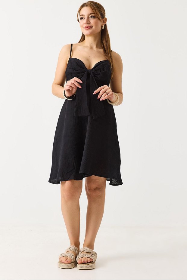 Black Muslin Fabric Thin Straps Mini Cut Dress with Big Bow Detail