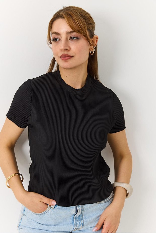 Black Pleated Textured Half Turtleneck Short Sleeve Comfortable Fit Blouse Suitable for Daily Use