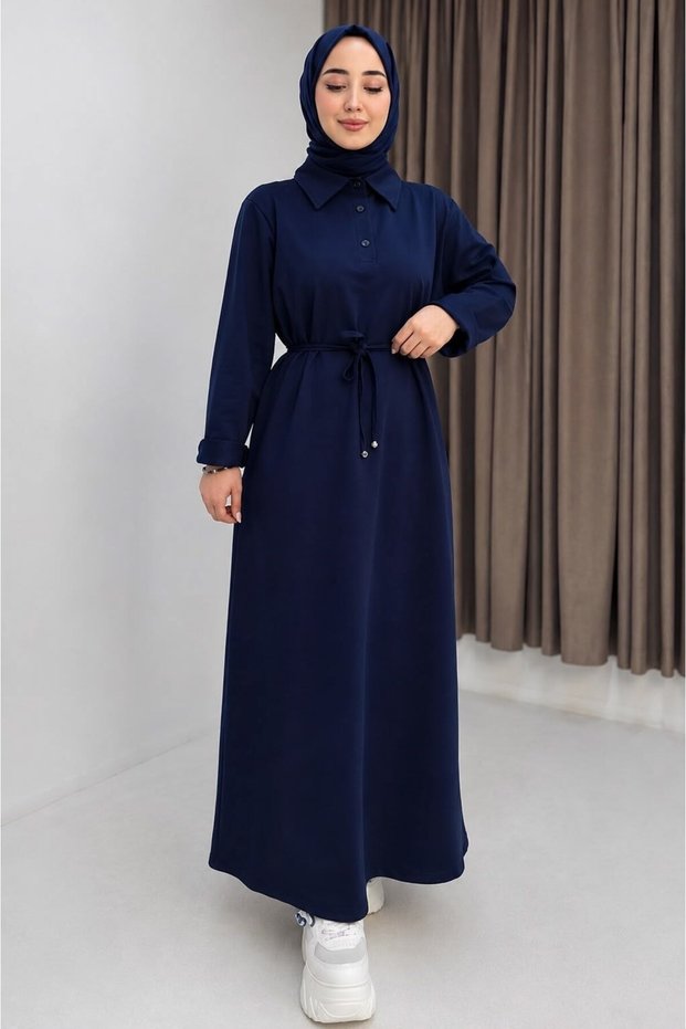 Navy Blue Woven Fabric Shirt Collar Tie-Waist Straight Cut Basic Hijab Dress