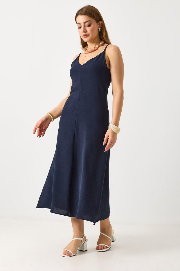 Navy Blue Ayrobin Fabric V-Neck Thin Straps Relaxed Fit Midi Length Casual Dress