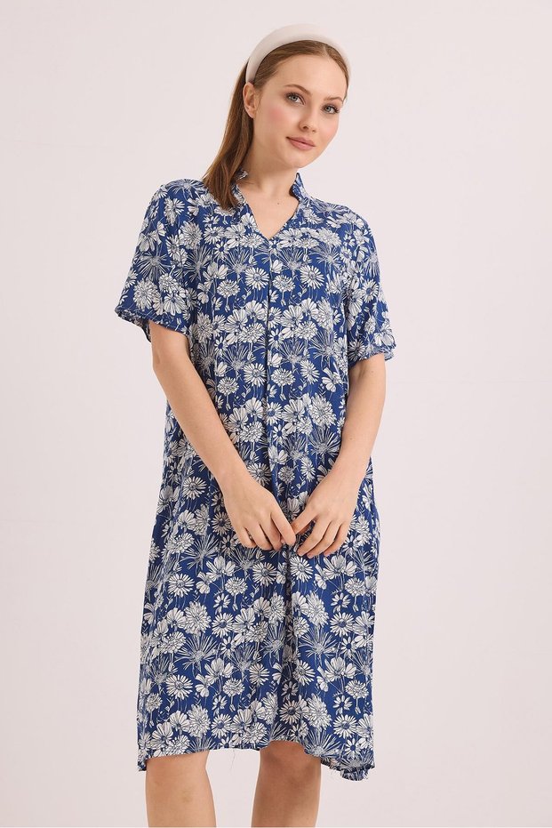 Blue Woven Viscose Fabric V-Neck Relaxed Fit Short Sleeve Patterned Casual Dress