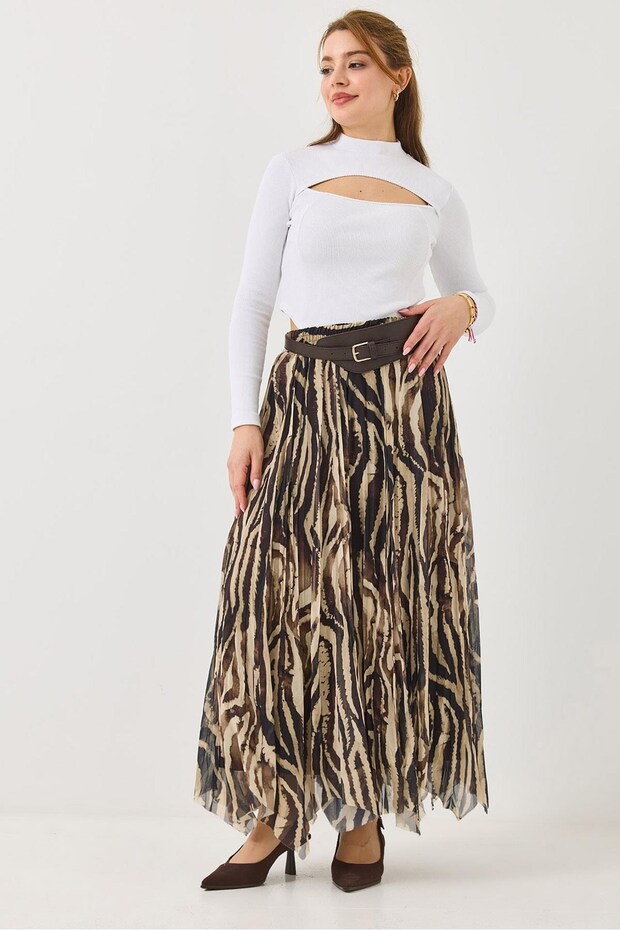 Brown Woven Fabric High Waist Pleated Skirt with Belt and Lining Patterned Skirt