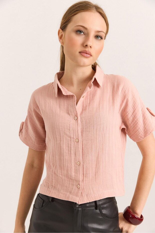 Powder Muslin Soft Textured Shirt Collar Short Sleeve Buttoned Comfortable Fit Shirt