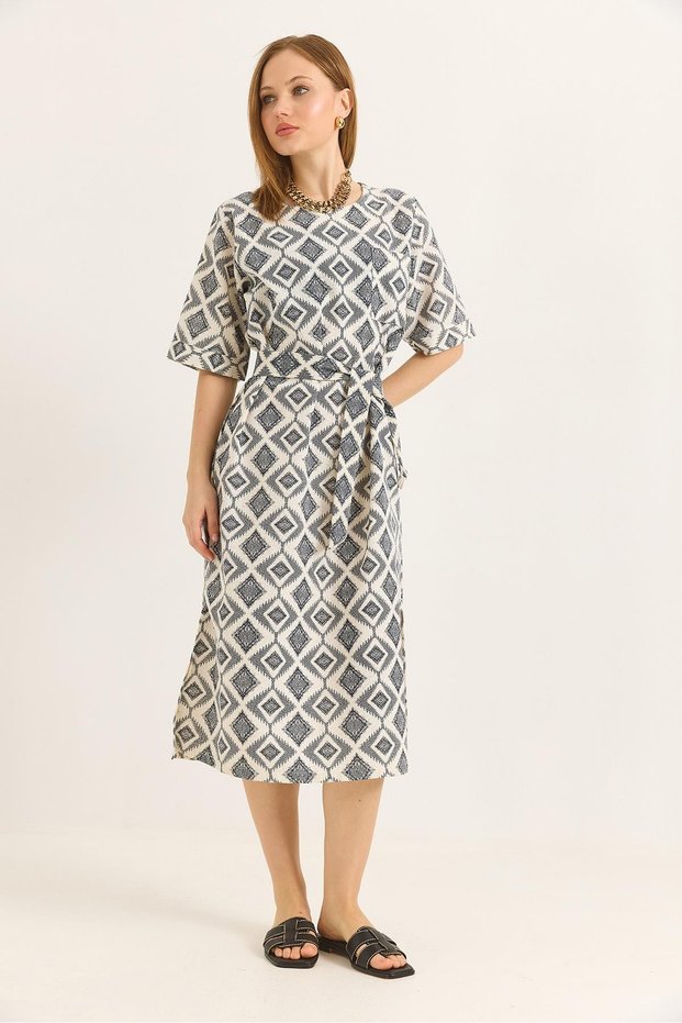 Gray Woven Linen Fabric Belt Detailed Pocketed Modern Cut Dress with Slits on the Sides