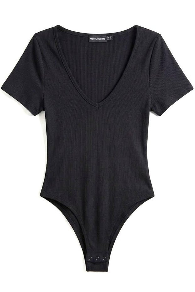 Black Stretchy Textured V-Neck Short Sleeve Fitted Blouse Body with Snap Buttons at the Bottom and Bodysuit Detail