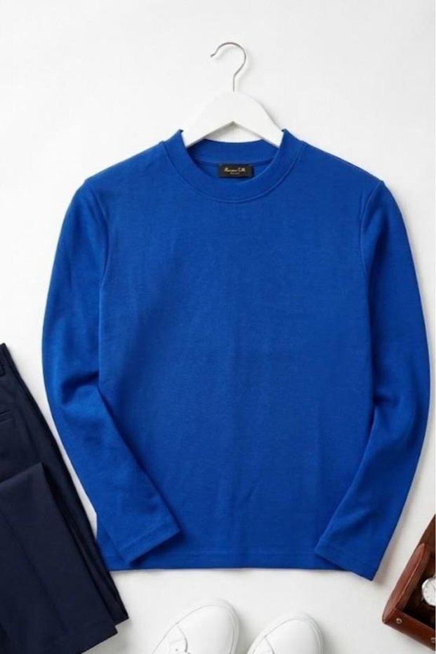 Blue Stretchy Textured Crew Neck Long Sleeve Ribbed Detailed Comfortable Fit Knitted Blouse