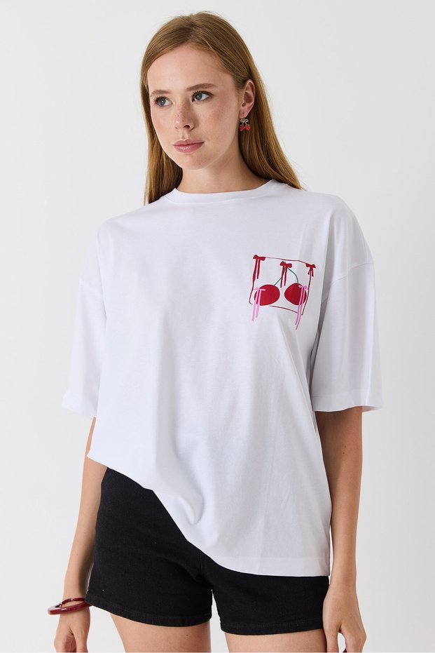 White Cotton Fabric Crew Neck Short Sleeve Relaxed Fit Basic T-Shirt with Print Detail