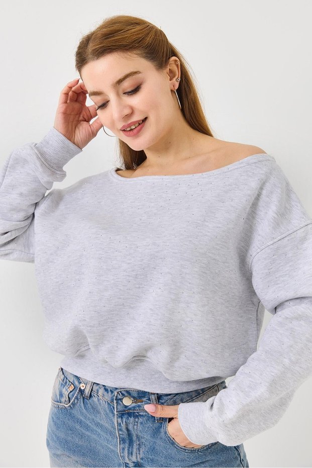 Gray Three-Thread Stretchy Textured Boat Neck Long Sleeve Ribbed Detailed Sweatshirt
