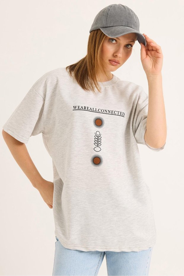 Gray Cotton Blend Crew Neck Short Sleeve Lettering and Sun Print Melange T-Shirt
