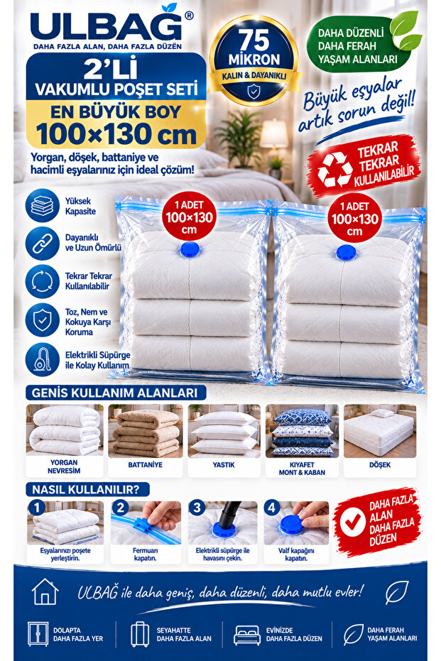 2-Piece Vacuum Set Large Size 100 cm X 130 cm (for Double Quilt and Upholstery)