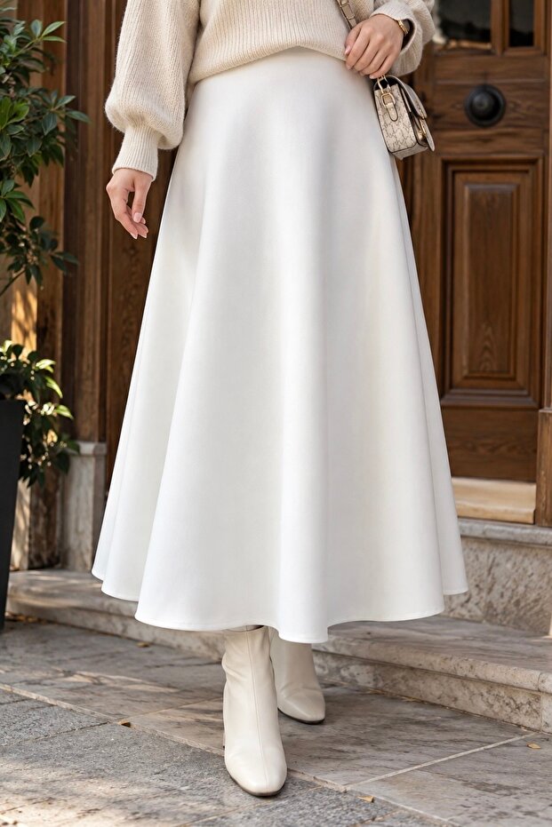 White Elastic Waist Scuba Flared Skirt