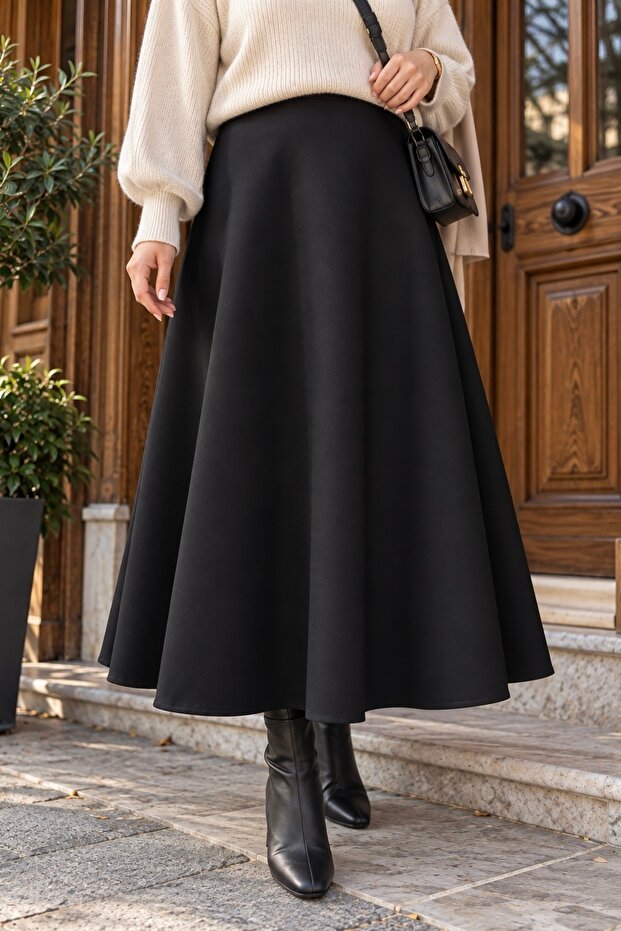 Black Elastic Waist Scuba Flared Skirt