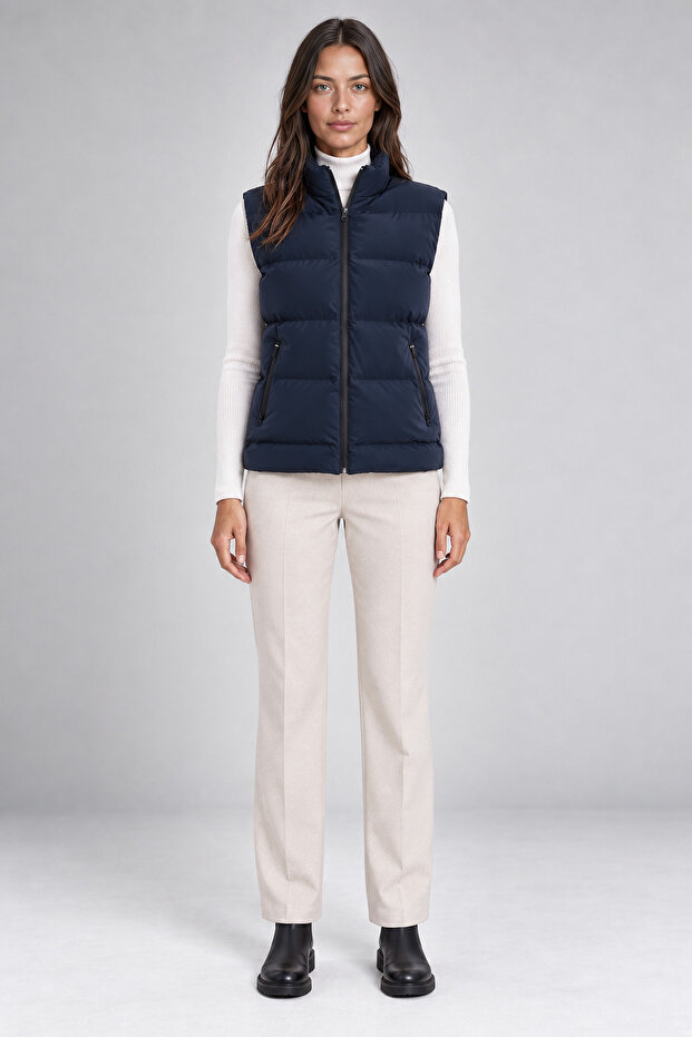 Women's Nova Fabric Stand-Up Collar Water- and Windproof Lined Puffer Navy Blue Vest