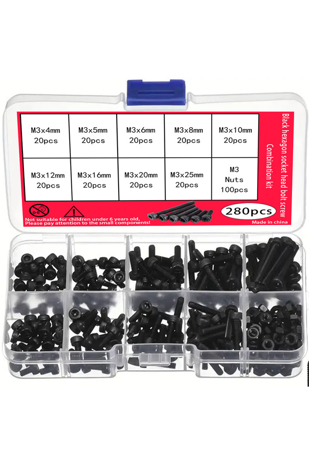 280pcs 280-Piece M3 Socket Head Cap Screw Set, 12.9 Grade Alloy Steel M3/4mm-25mm Black Hexagon Sock