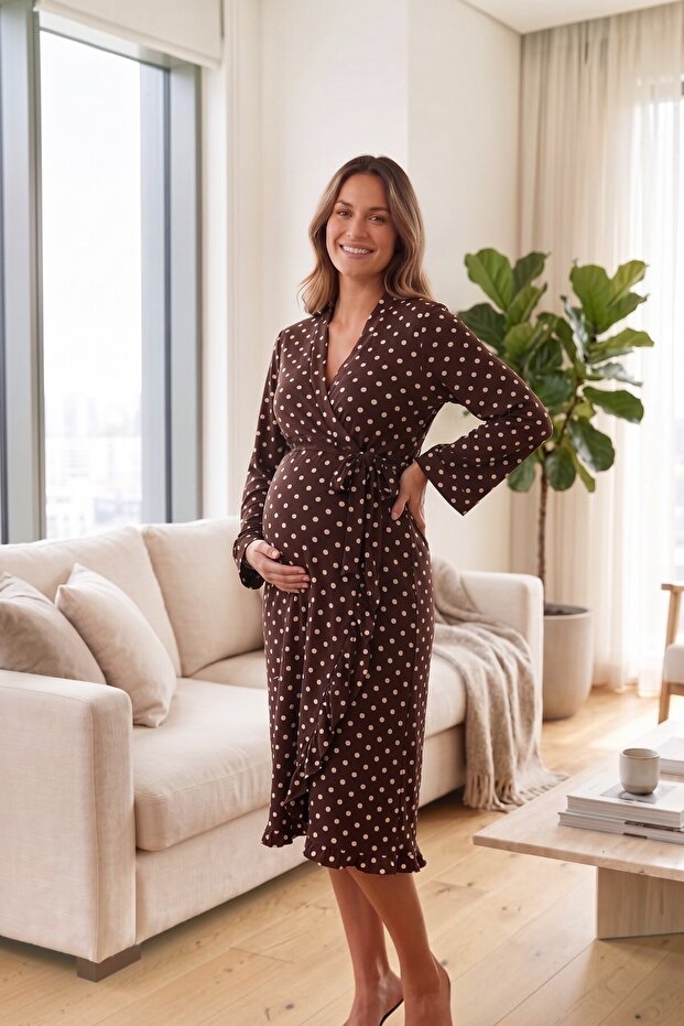 Allesa Ruffle Detailed Maternity and Postpartum Knitted Dressing Gown
