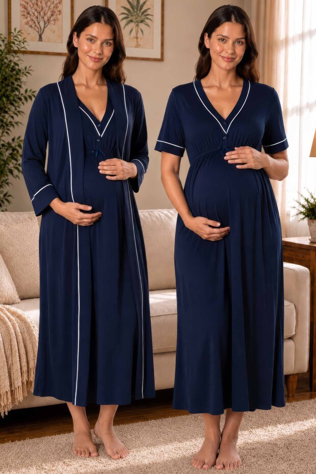 Cotton Long Robe Maternity Nightgown Set Effortt - Navy Blue