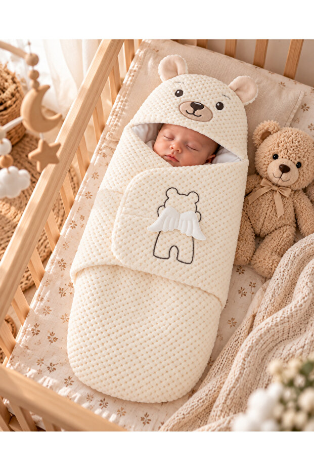 Baby Blanket & Swaddle - Ecru Sleeping Bag with Teddy Bear & Ears, Newborn Cotton - Gift