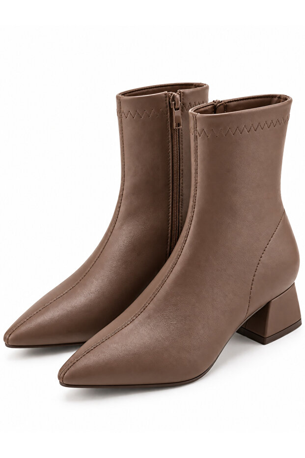 Women's Pointed Toe Short Heeled Zippered Stretch Boots