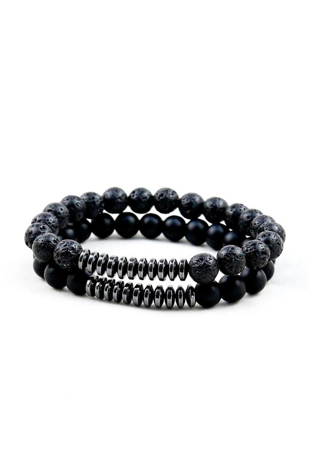 Lava Stone, Onyx and Hematite Natural Stone Bracelet 2-Piece Combination