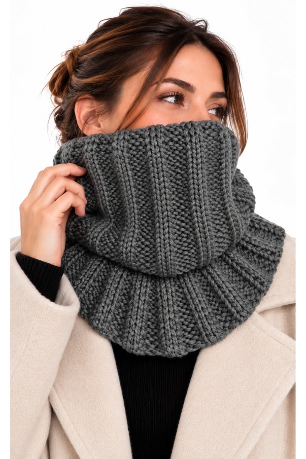 Women's Scarf Neck Warmer Anthracite Gray Thick Knitted Winter Wear