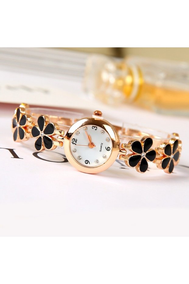 black Graceful Women's Quartz Watch: Elegant Black & Pink Floral Design - Perfect Gift Idea for Any