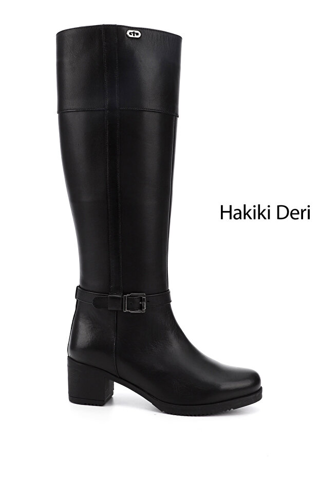 Women's Black Zippered Thick Heeled Genuine Leather Boots