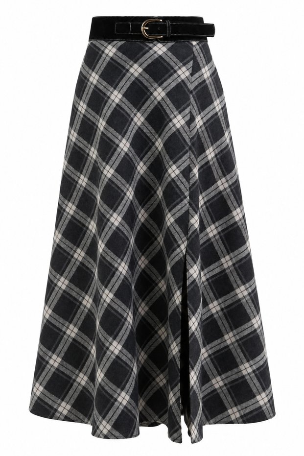 Smoked Belted Slit Plaid Skirt