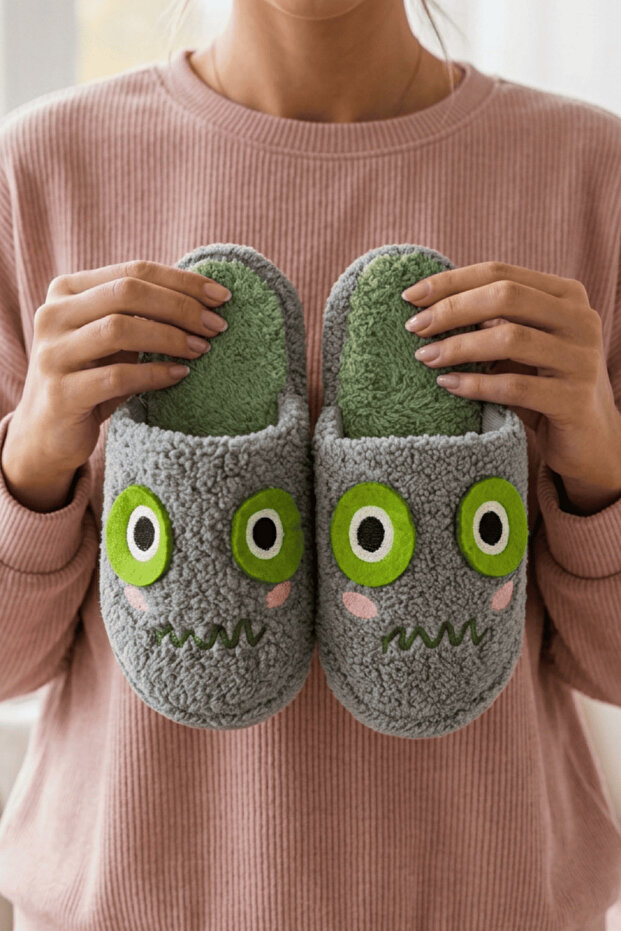 Women's Gray Cute Kermit Sherpa Furry Winter House Slippers 3 cm Byndmtfter2Goz
