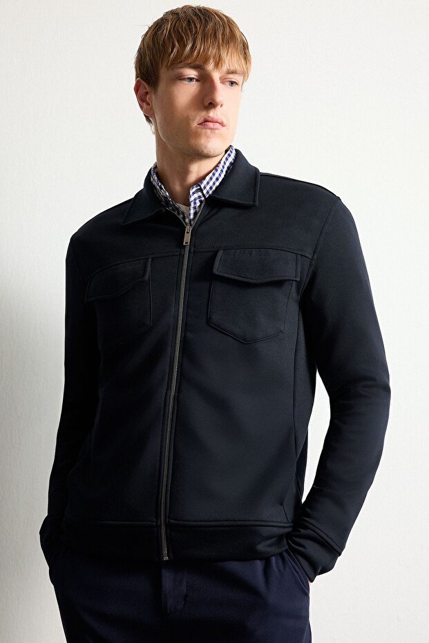 Regular Fit Polo Collar Zippered Pocket Jacket F0336Ax25Au