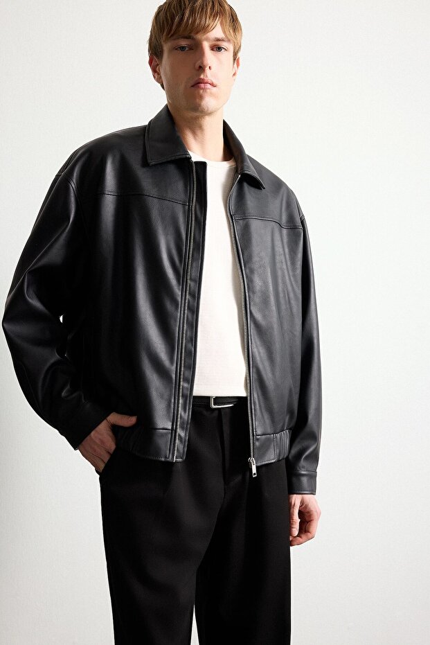 Oversize Shirt Collar Leather Look Zippered Coat G0193Ax25Wn