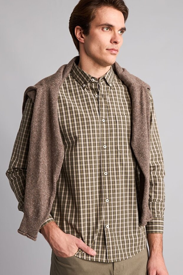100% Cotton Regular Fit Polo Collar Poplin Checkered Long Sleeve Shirt H4806Ax26Au