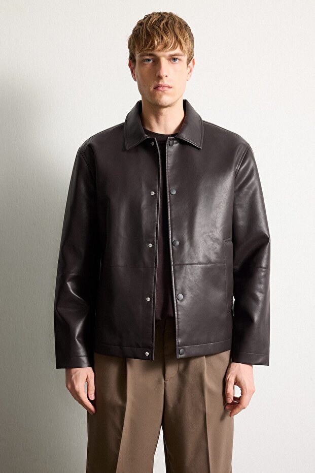 Waterproof Regular Fit Polo Collar Lined Faux Leather Coat with Snap Closure Pockets H2233Ax26Au
