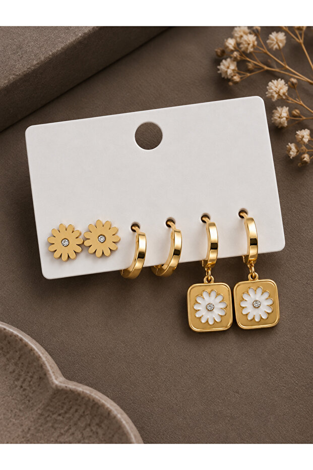 316L Steel Gold Color Zircon Stone Pearlescent Daisy Model Hoop Earring Set