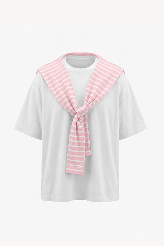 Premium Striped White-Pink T-Shirt with Tie Detail - Pink