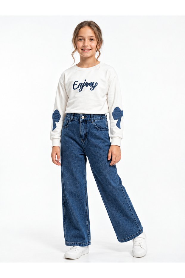Girls' matching top and bottom set, seasonal top and bottom, denim pants, cotton fabric, high quality and stretchy.