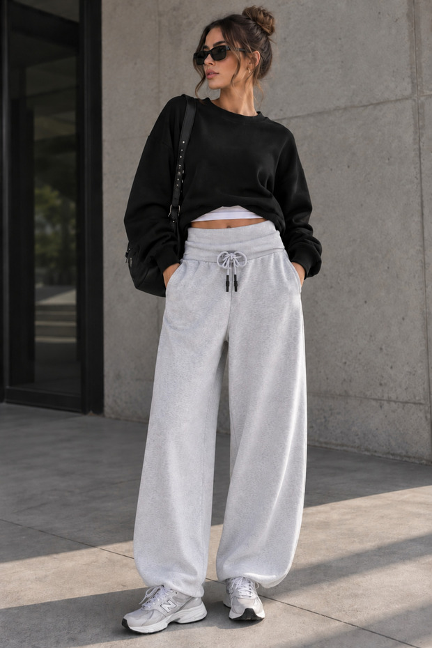 Women's High Waist Folded Ribbed Sweatpants Loose Fit Lace-Up Elastic Cuffs with Pockets