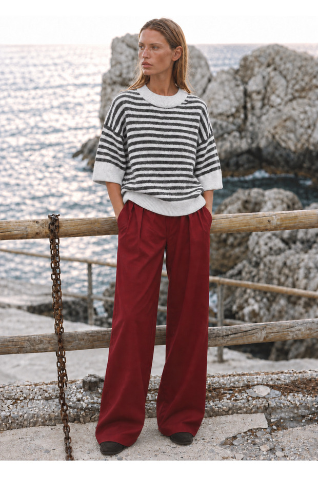 Women's Crew Neck Striped Short Sleeve Sweater