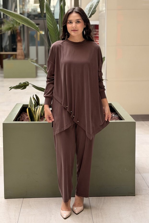 Crochet Knitwear Asymmetrical Tunic Pants Set