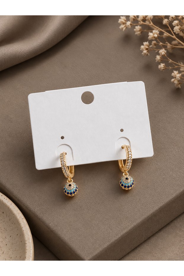 Minimal Nazarlı Model Gold Color Zircon Stone Women's Earrings