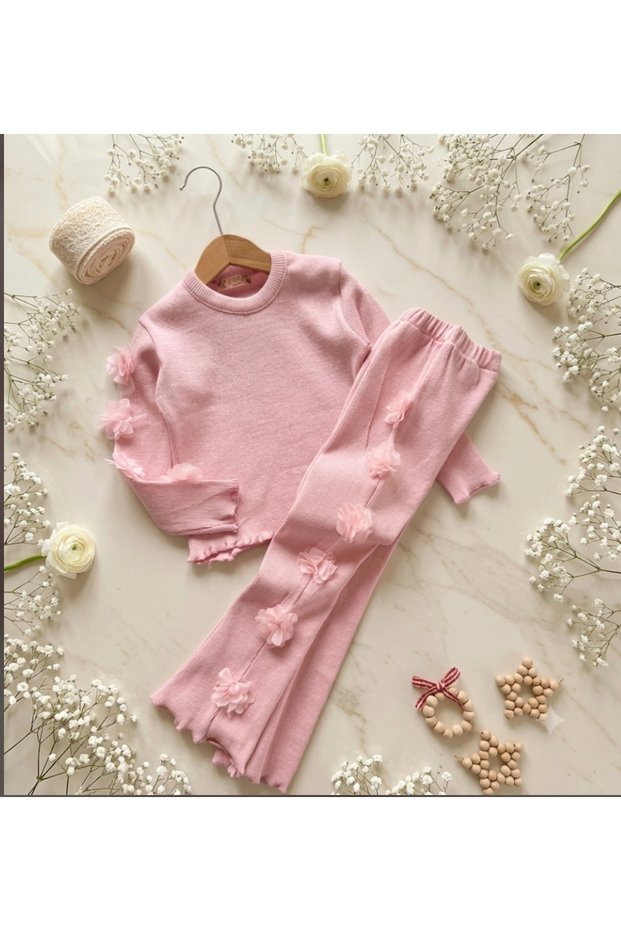 Rose Detailed Ribbed Girls' Camisole Top and Bottom Set