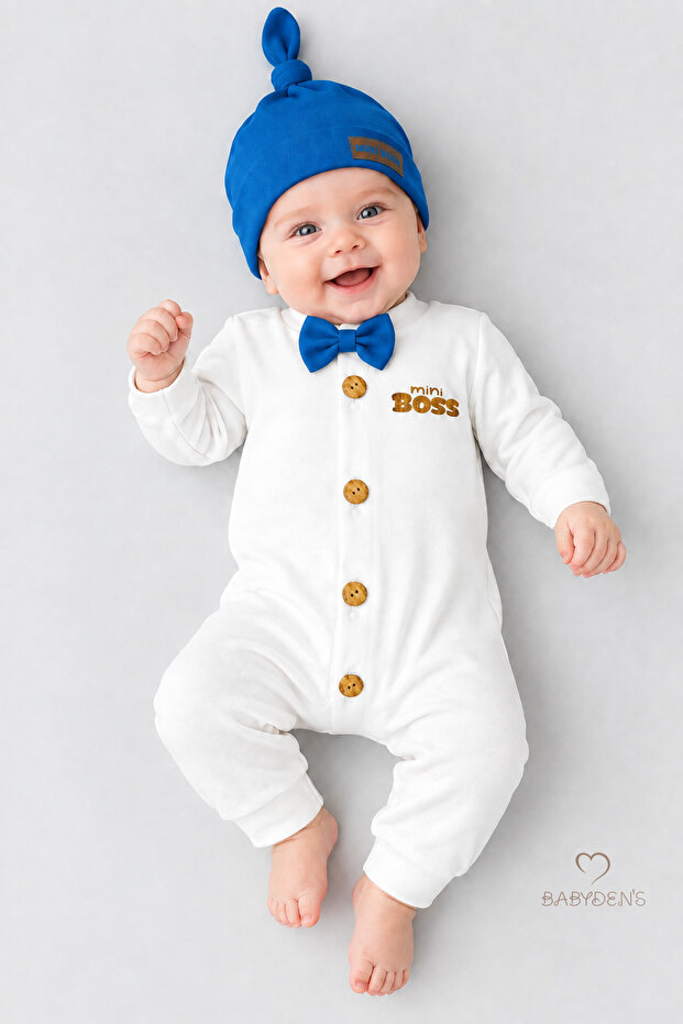 Little Boss Baby Boy Buttoned Jumpsuit and Beanie Set – Bow Tie, Cuffed Legs, 100% Cotton Baby Jumpsuit