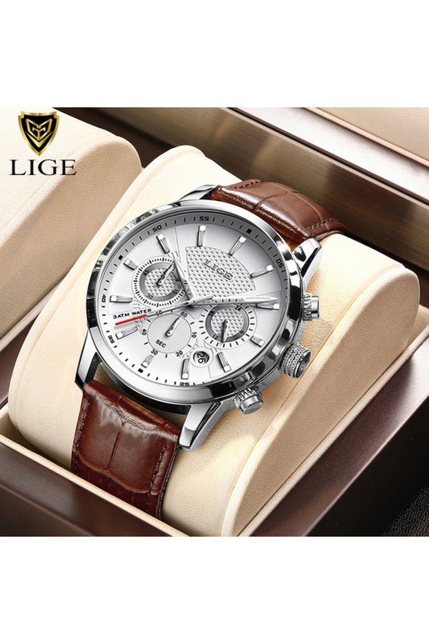LIGE silver white LIGE New Brown Leather Watch for Men Fashion Top Brand Luxury Men's Quartz Wristwa
