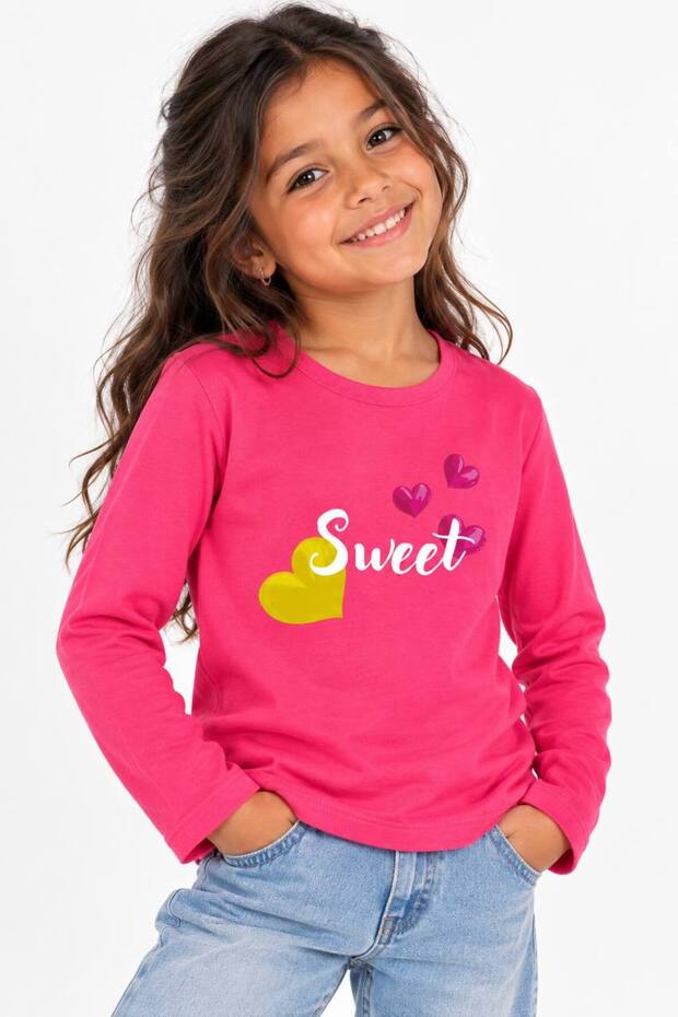 Girl's 100% Cotton Fuchsia Color Sweet Printed Long Sleeve Tshirt