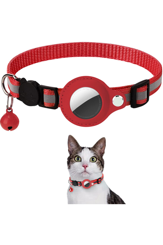 Adjustable 22-32cm Red Cat AirTag Holder Collar Breakaway Reflective Strips Adjustable Kitten Collar