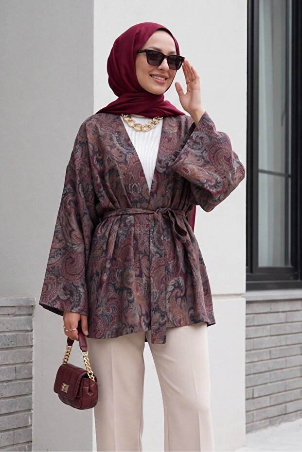 Ethnic Patterned Lace-Up Kimono -Brown